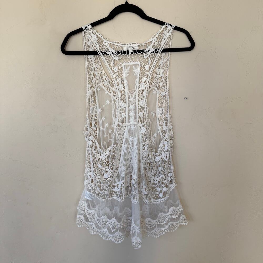 Umgee Lace Crochet Open Back Tank Top M/L Boho Tiered Sheer Cream Romantic - Picture 10 of 10